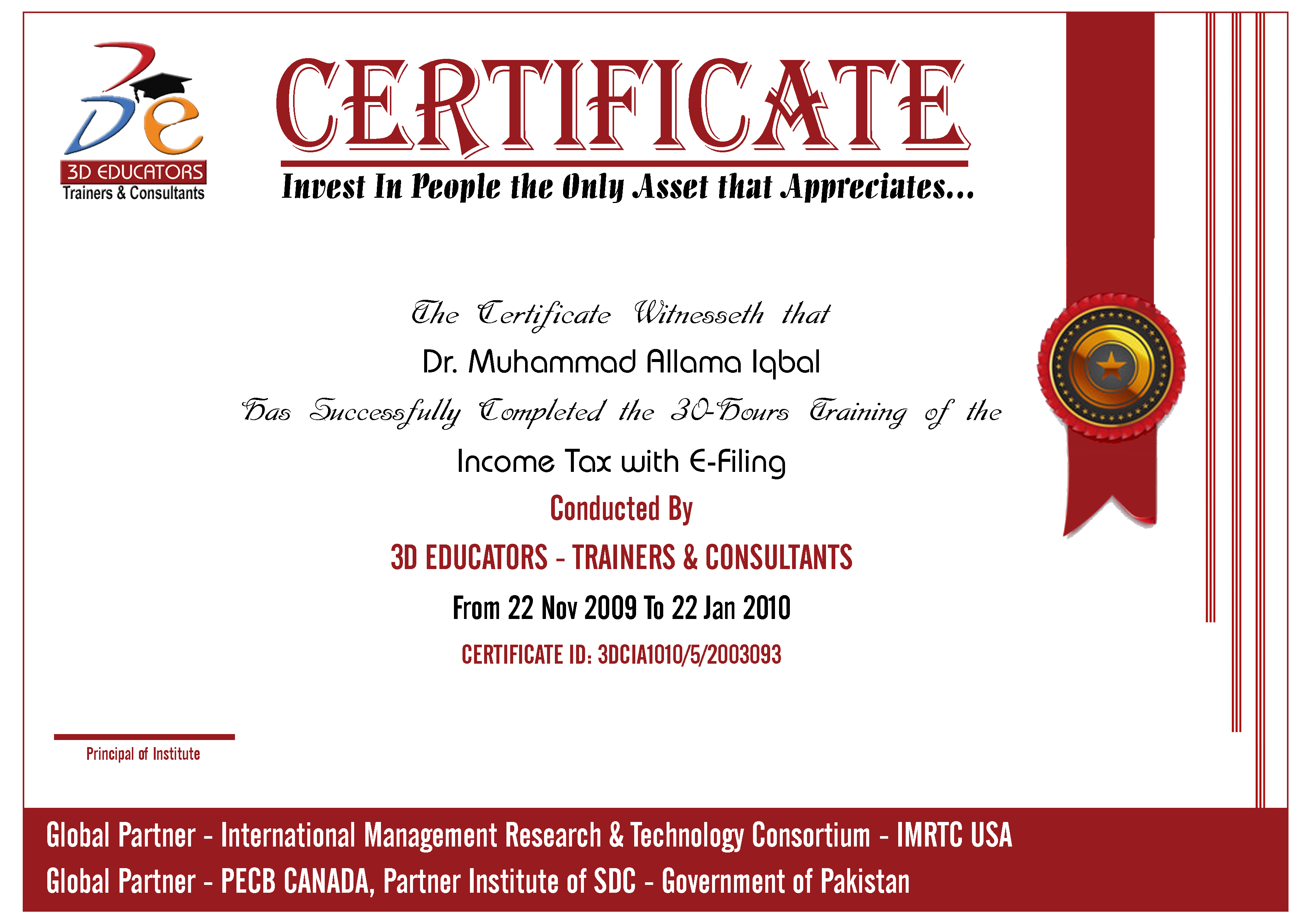 Advance Income Tax Training Sample Certificate