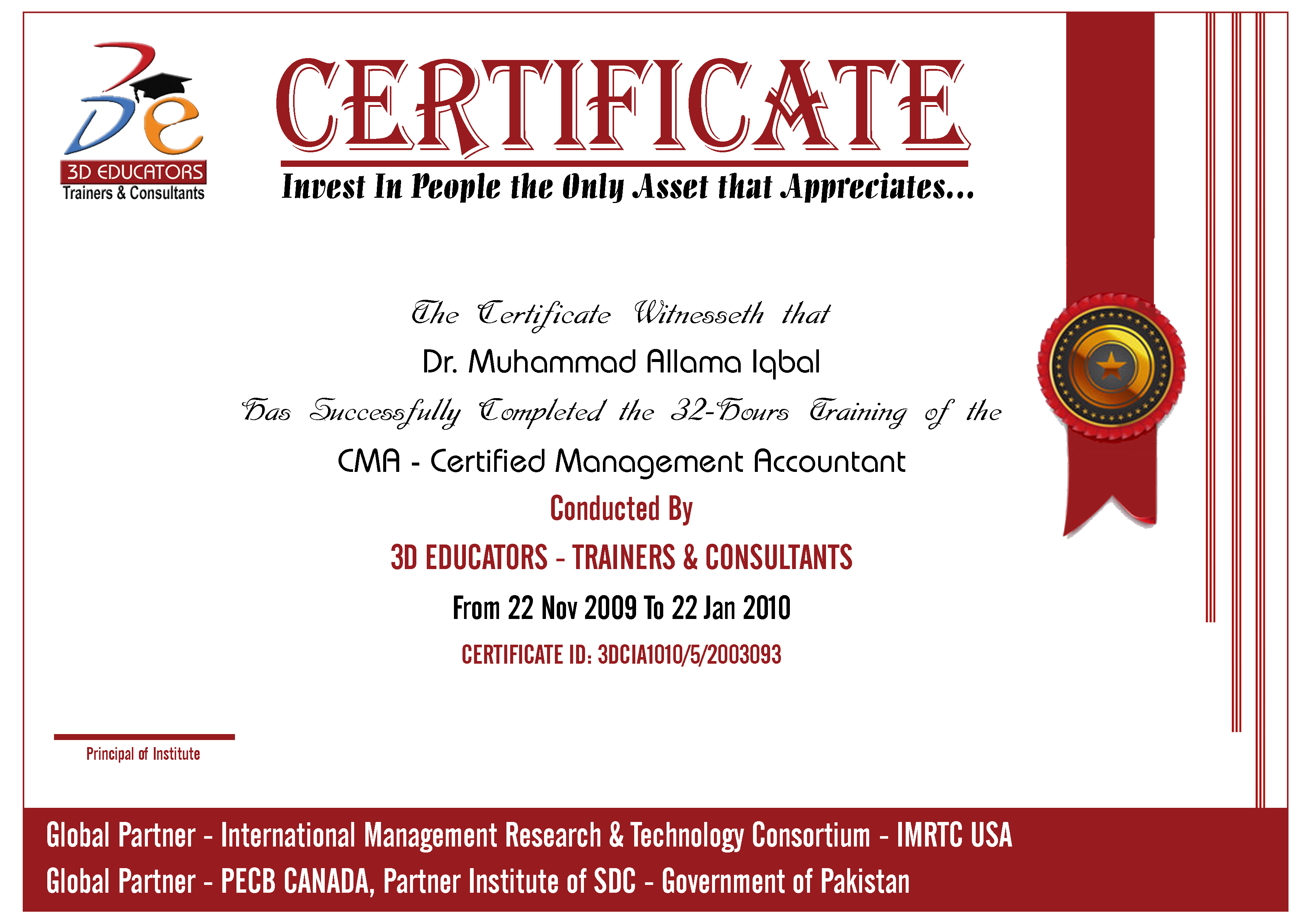 CMA - USA Training Sample Certificate