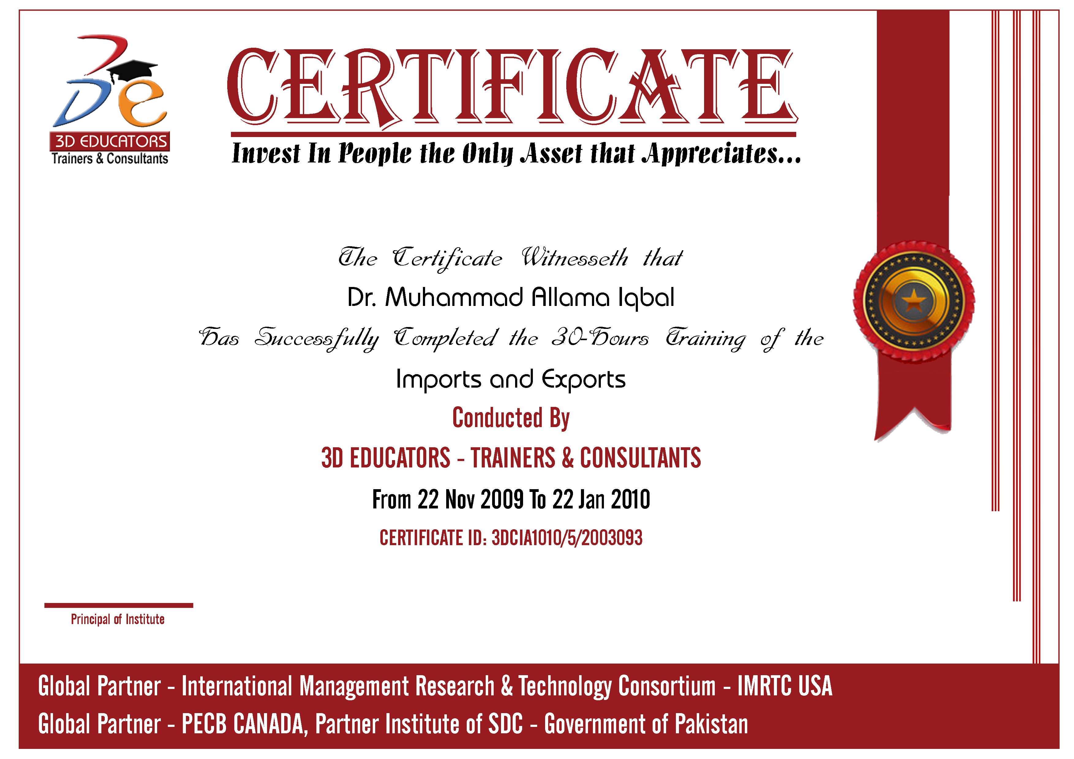 Imports and Exports Training Sample Certificate