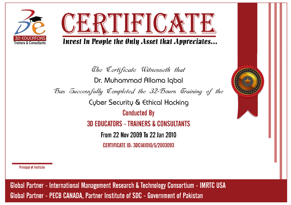 Ethical Hacking Training Sample Certificate