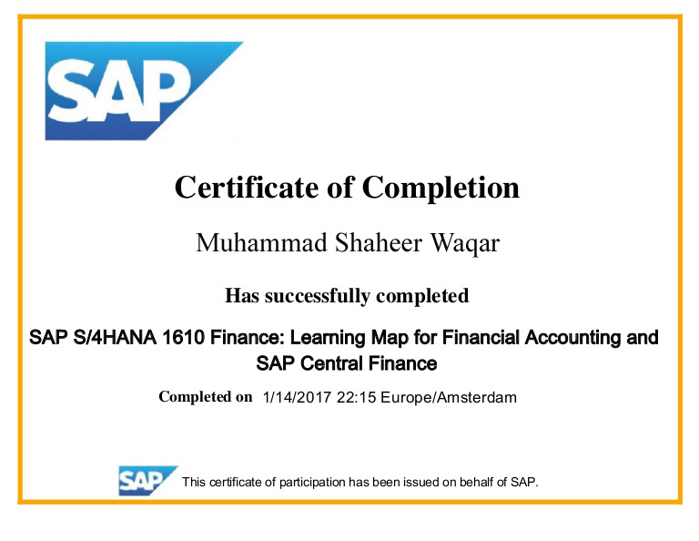 SAP S4 HANA Training Sample Certificate