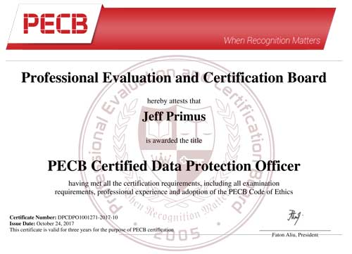 Certified Data Protection Training Sample Certificate