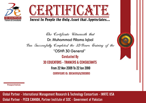 OSHA 30 General Training Sample Certificate