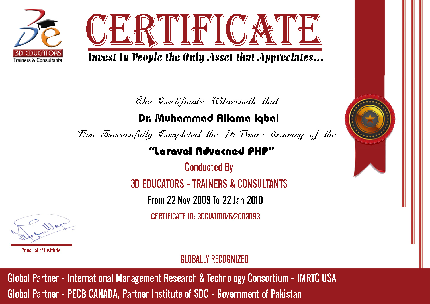 Laravel Advanced PHP Training Sample Certificate