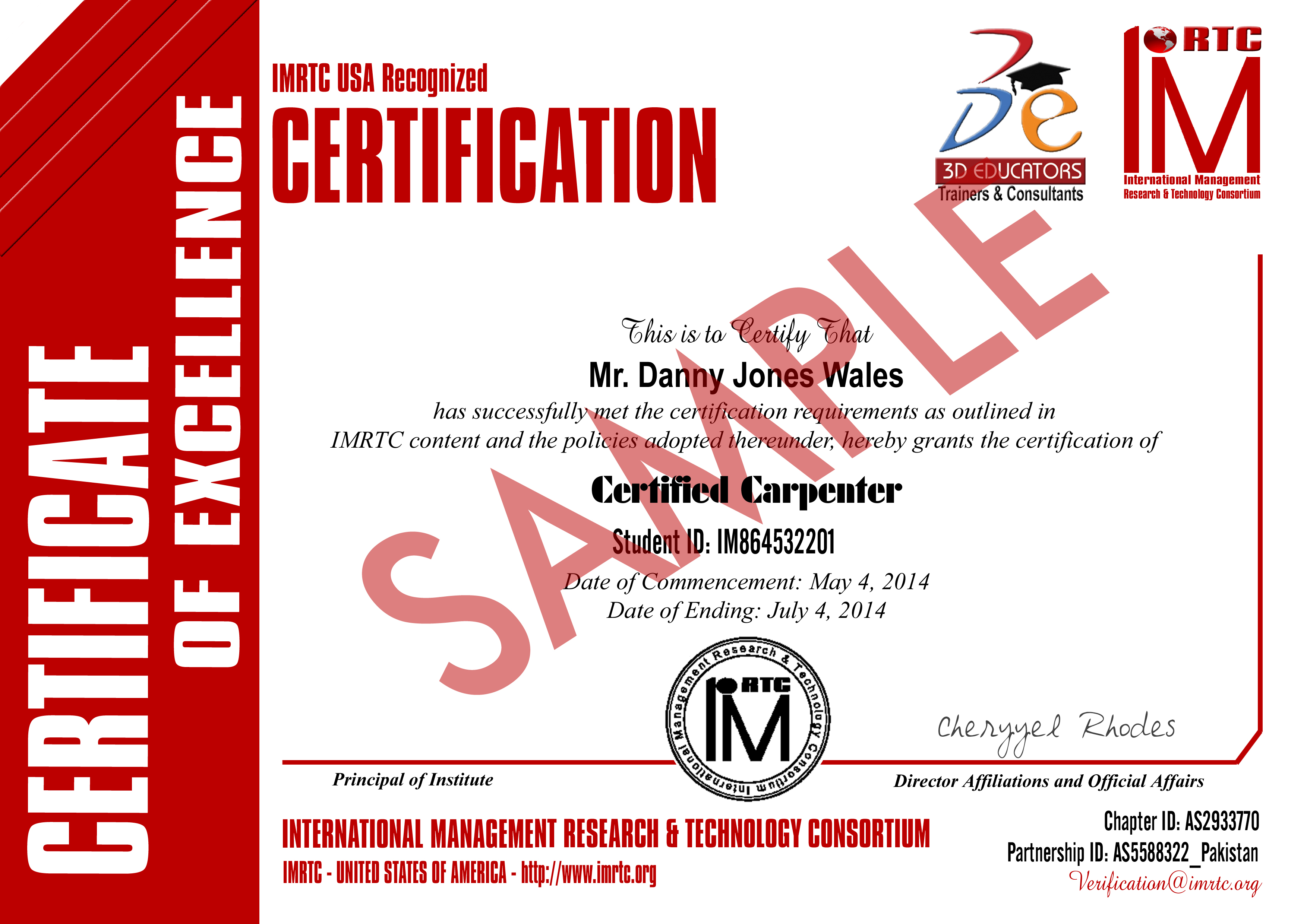 Certified Carpenter Training Sample Certificate
