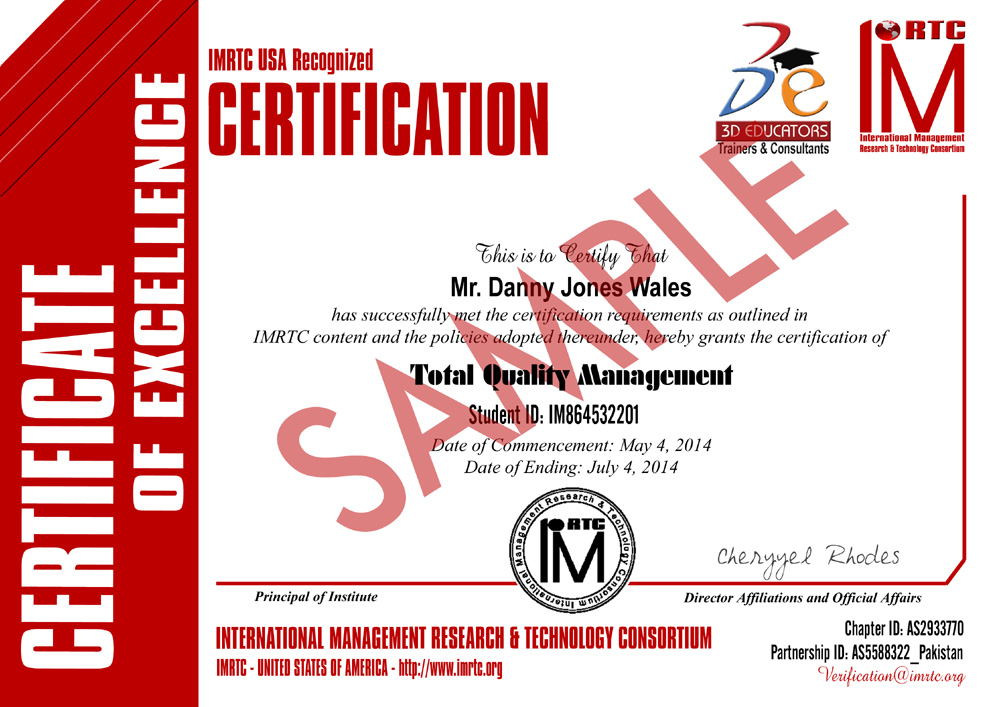 TQM Training Sample Certificate