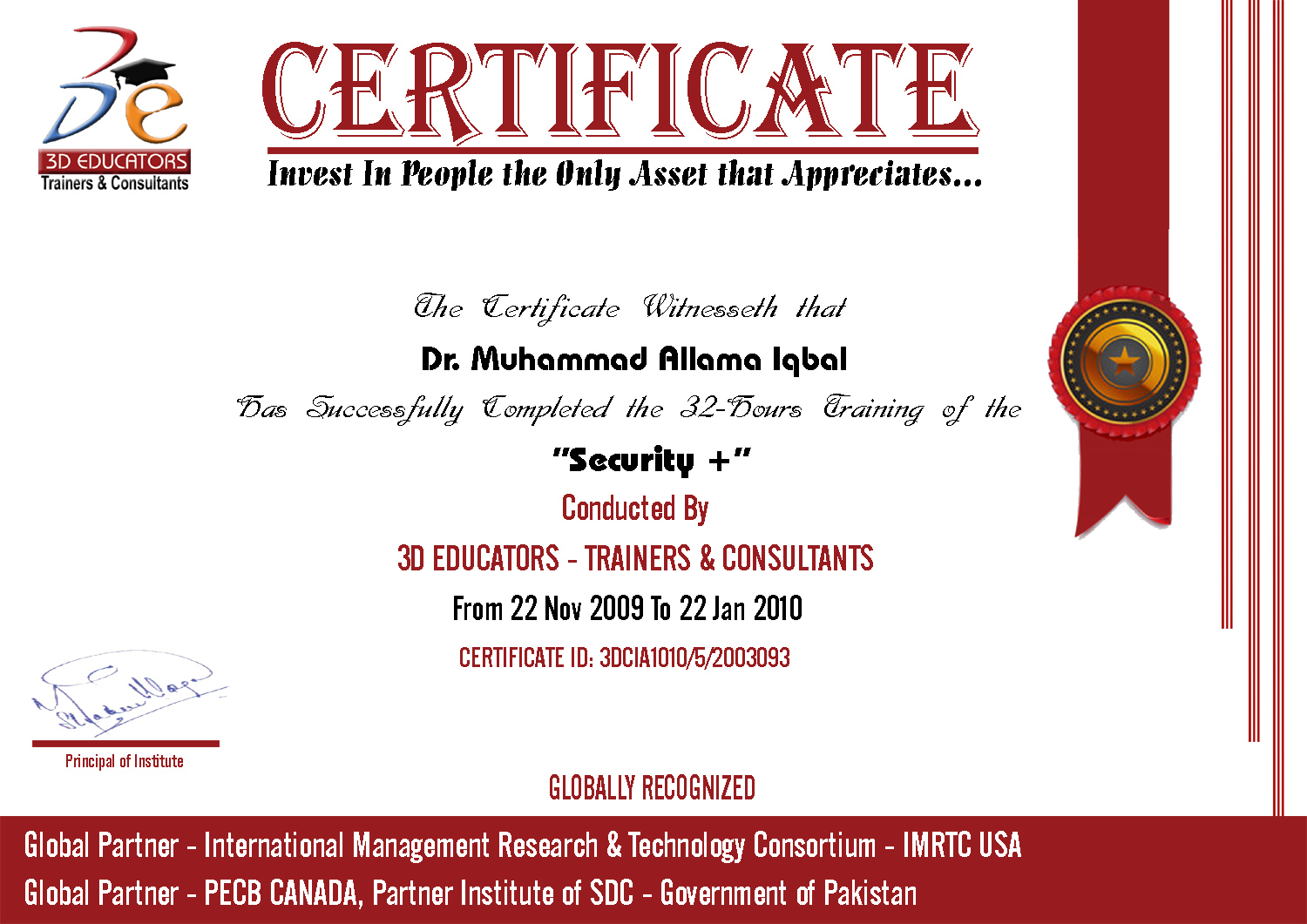 Cyber Security Training Sample Certificate