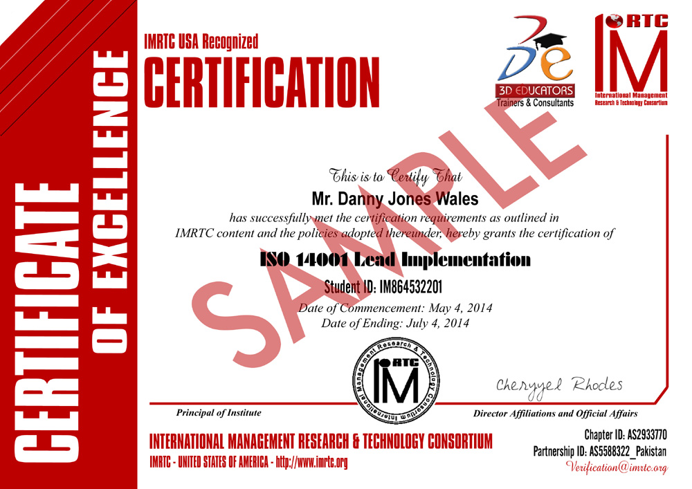 ISO 14001 Lead Implementation Training Sample Certificate