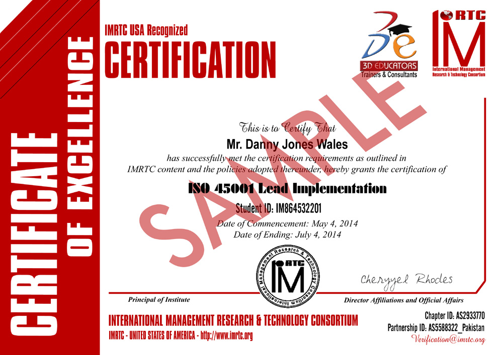 ISO 45001 Training Sample Certificate