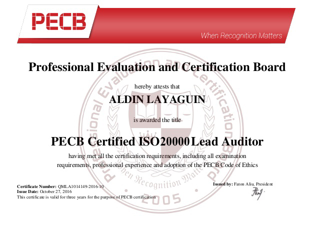ISO 20000 Lead Auditor Training Sample Certificate
