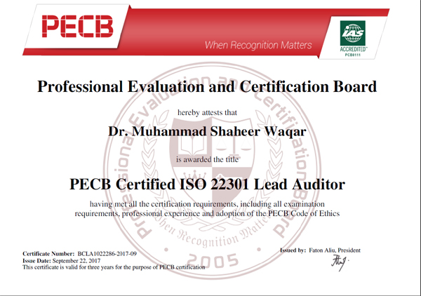 ISO 22301 Lead Auditor Training Sample Certificate