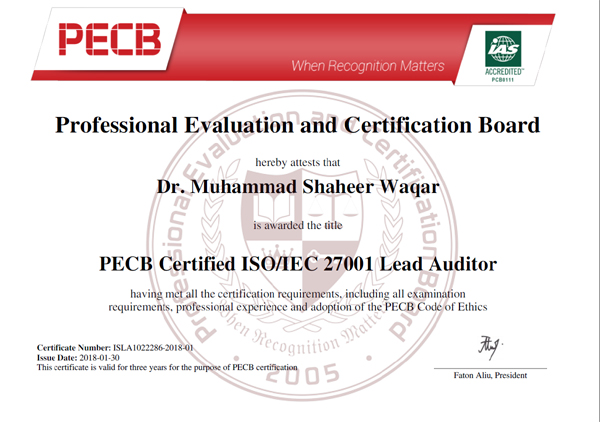 ISO 27001 Lead Auditor Training Sample Certificate