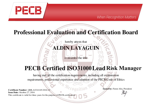 ISO 31000 Lead Risk Manager Sample Certificate