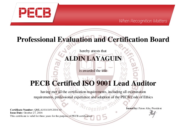 ISO 9001 Training Sample Certificate