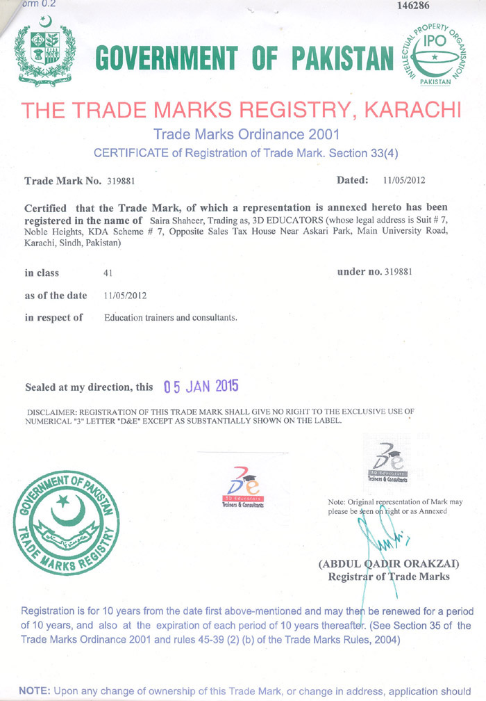 Tradamark Registration Certificate